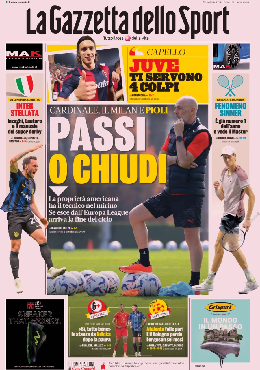 prima pagina - La Gazzetta dello Sport del 16/04/2024