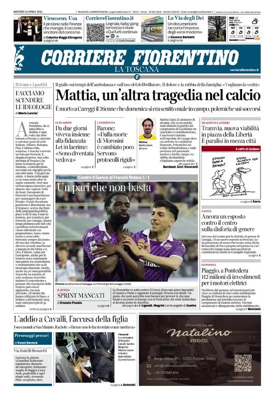 anteprima della prima pagina di corriere-fiorentino del 16/04/2024