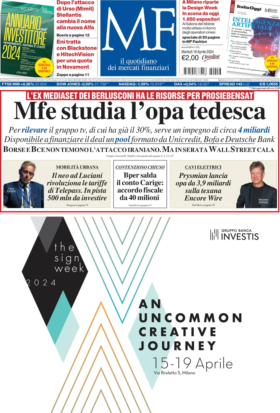 prima pagina - MF Milano Finanza del 16/04/2024