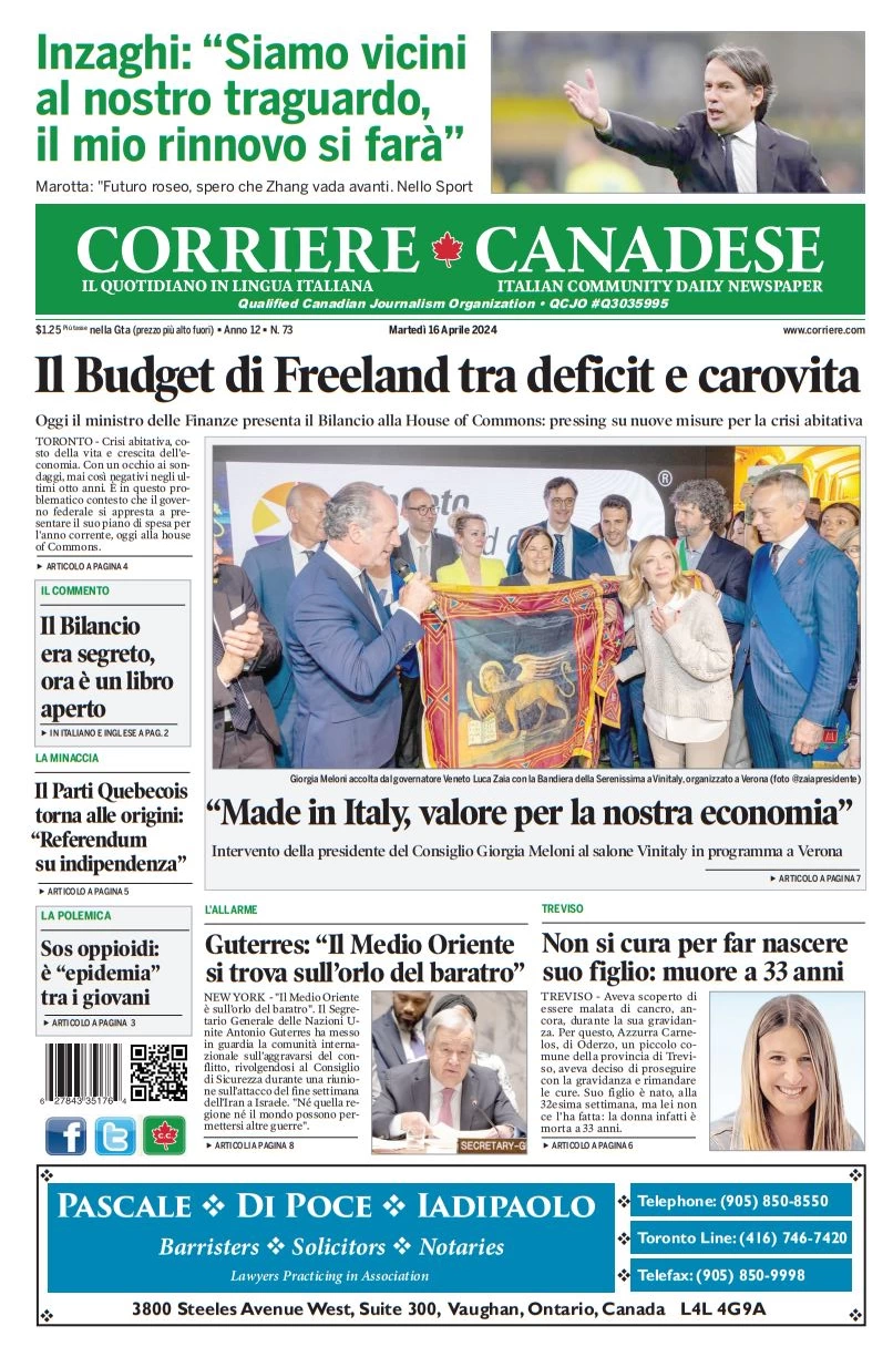 prima pagina - Corriere Canadese del 16/04/2024