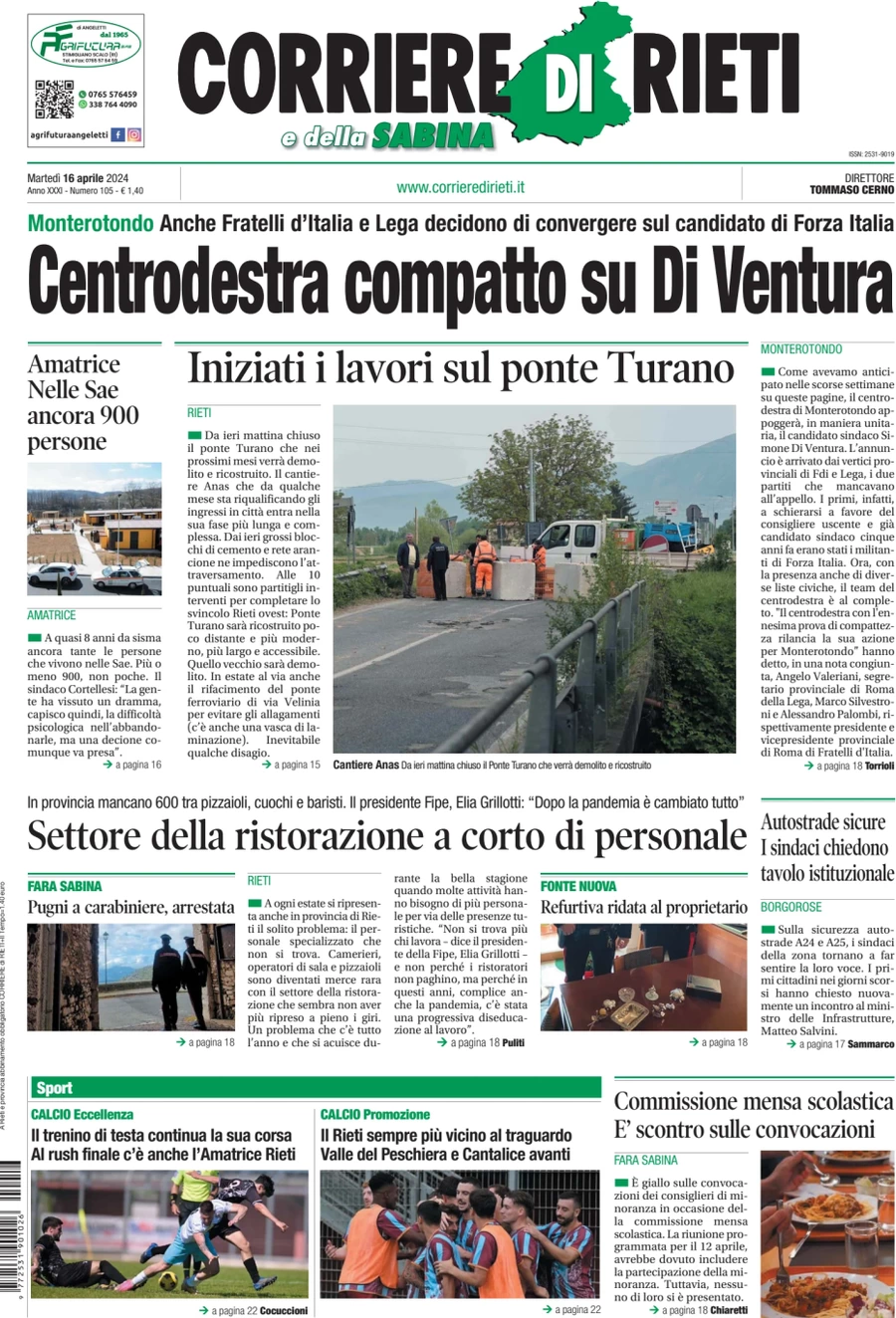 anteprima della prima pagina di corriere-di-rieti-e-della-sabina del 16/04/2024