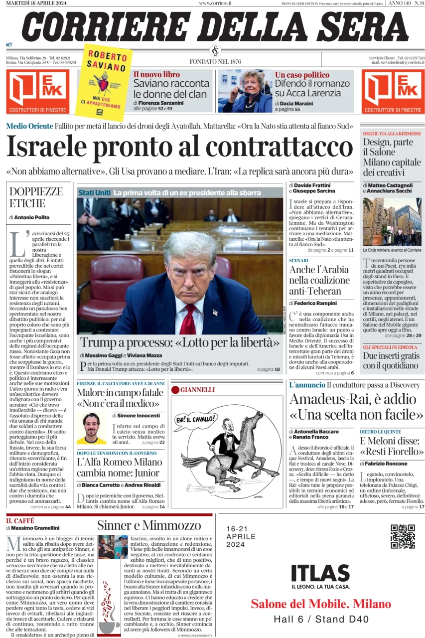 prima pagina - Corriere della Sera del 16/04/2024