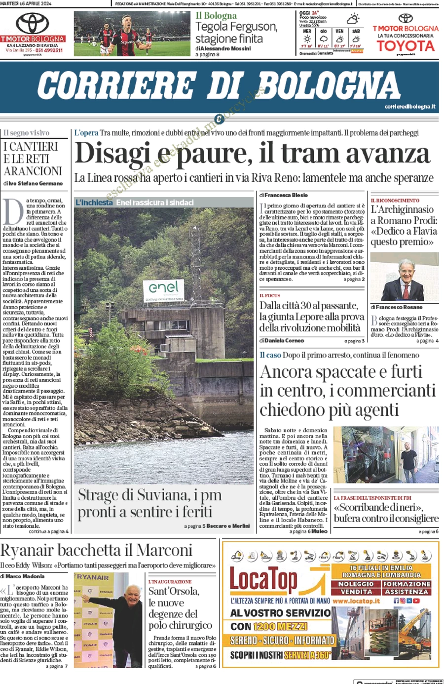 anteprima della prima pagina di corriere-di-bologna del 16/04/2024
