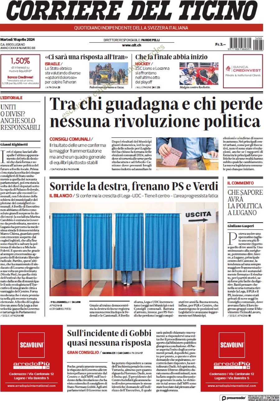 prima pagina - Corriere del Ticino del 16/04/2024