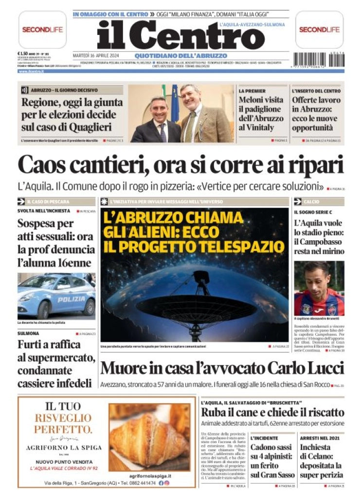 prima pagina - Il Centro (L'Aquila) del 16/04/2024