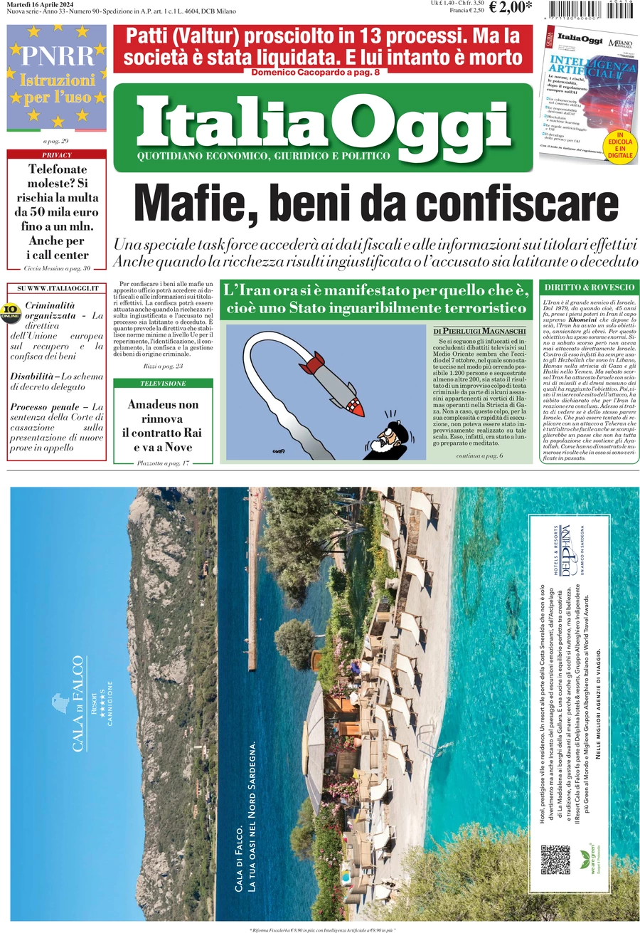 prima pagina - ItaliaOggi del 16/04/2024
