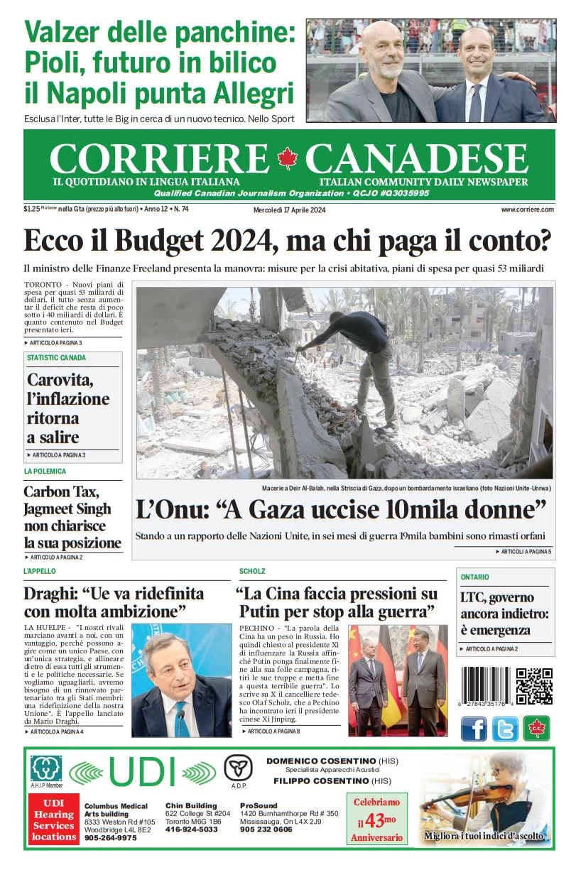 prima pagina - Corriere Canadese del 17/04/2024