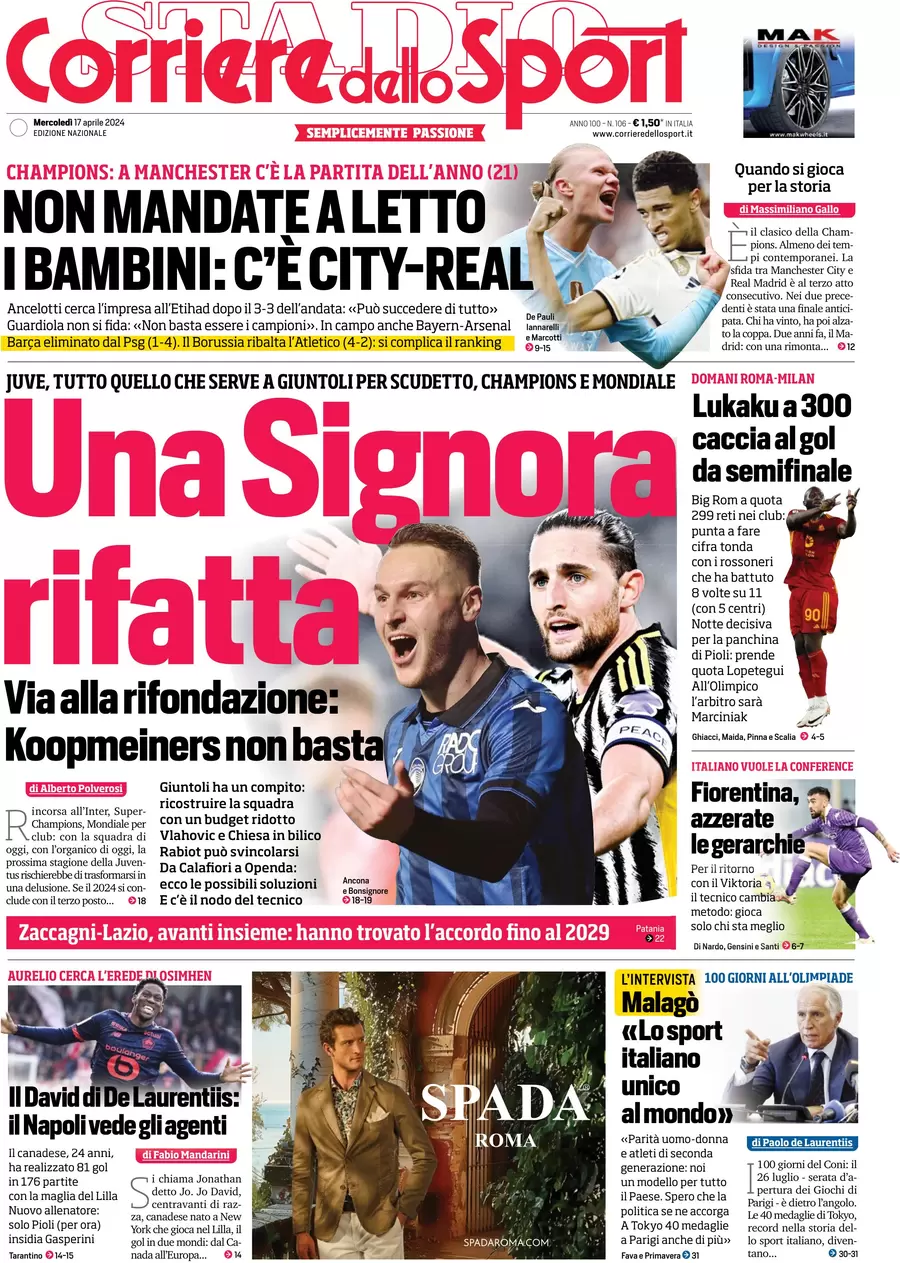prima pagina - Corriere dello Sport del 17/04/2024