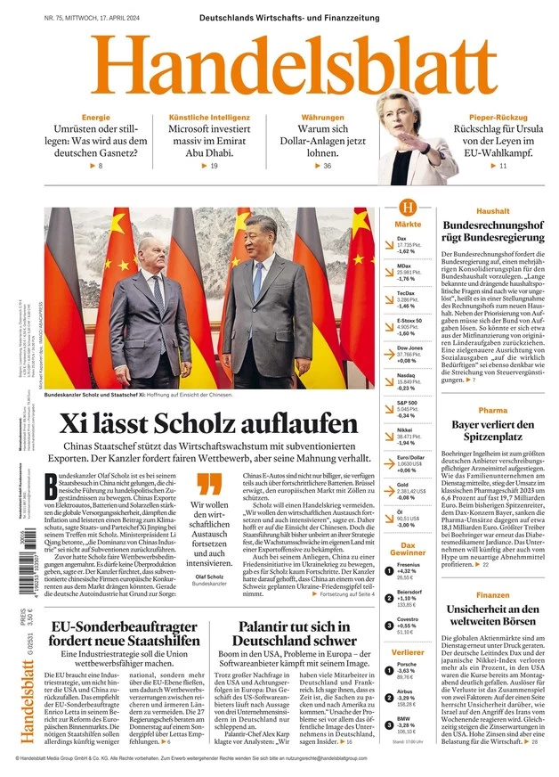anteprima della prima pagina di handelsblatt del 17/04/2024