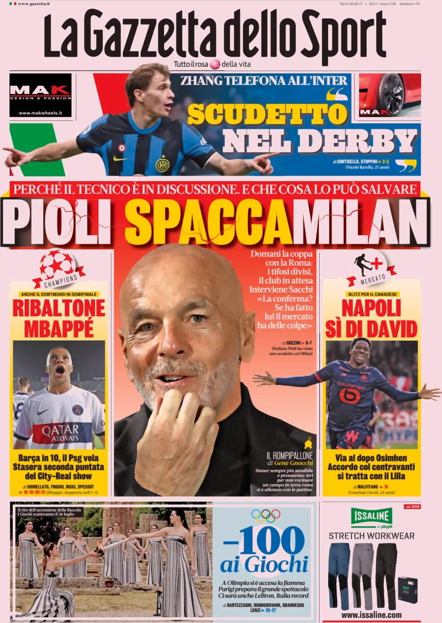 prima pagina - La Gazzetta dello Sport del 17/04/2024