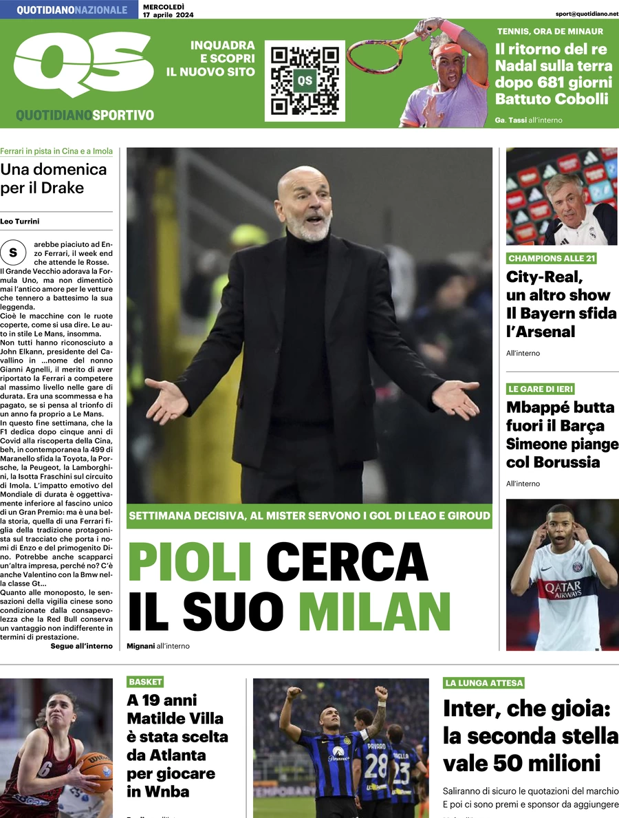 prima pagina - QS Quotidiano Sportivo del 17/04/2024