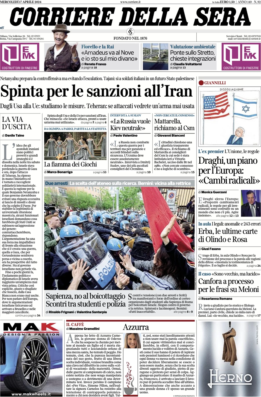 prima pagina - Corriere della Sera del 17/04/2024