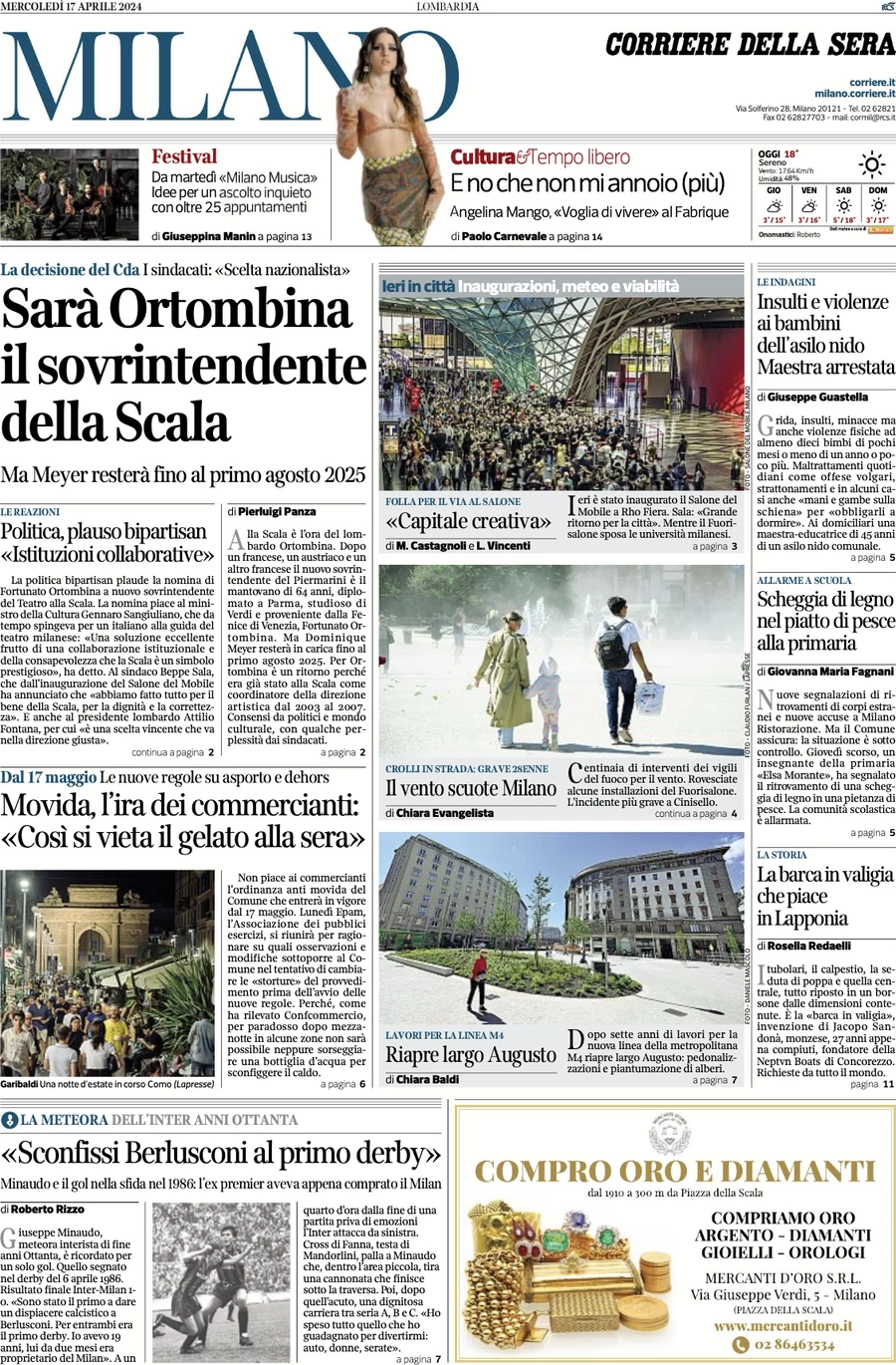 anteprima della prima pagina di corriere-della-sera-milano del 17/04/2024