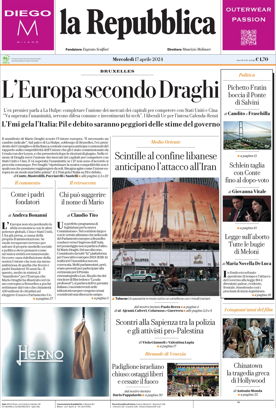prima pagina - La Repubblica del 17/04/2024