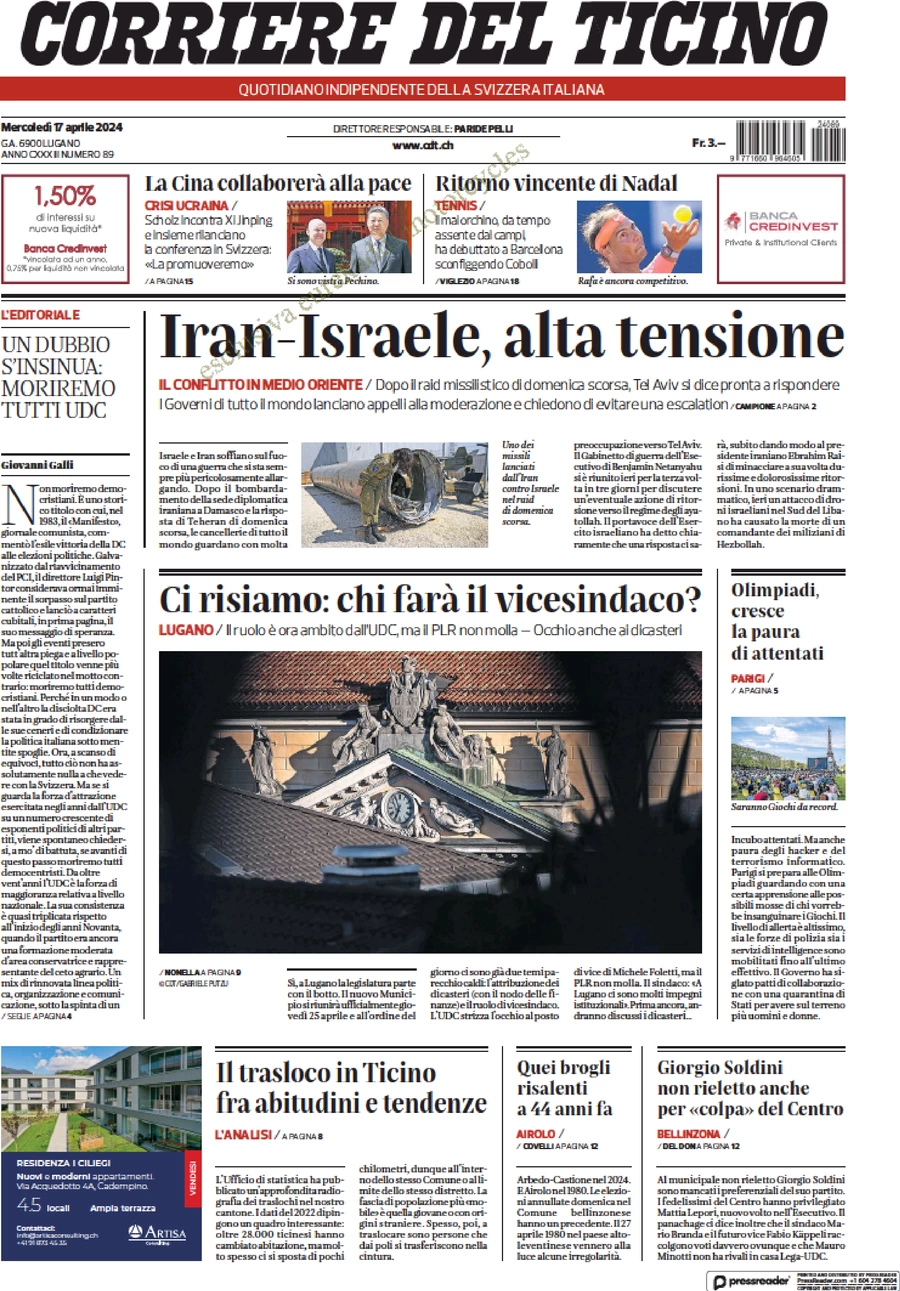 prima pagina - Corriere del Ticino del 17/04/2024