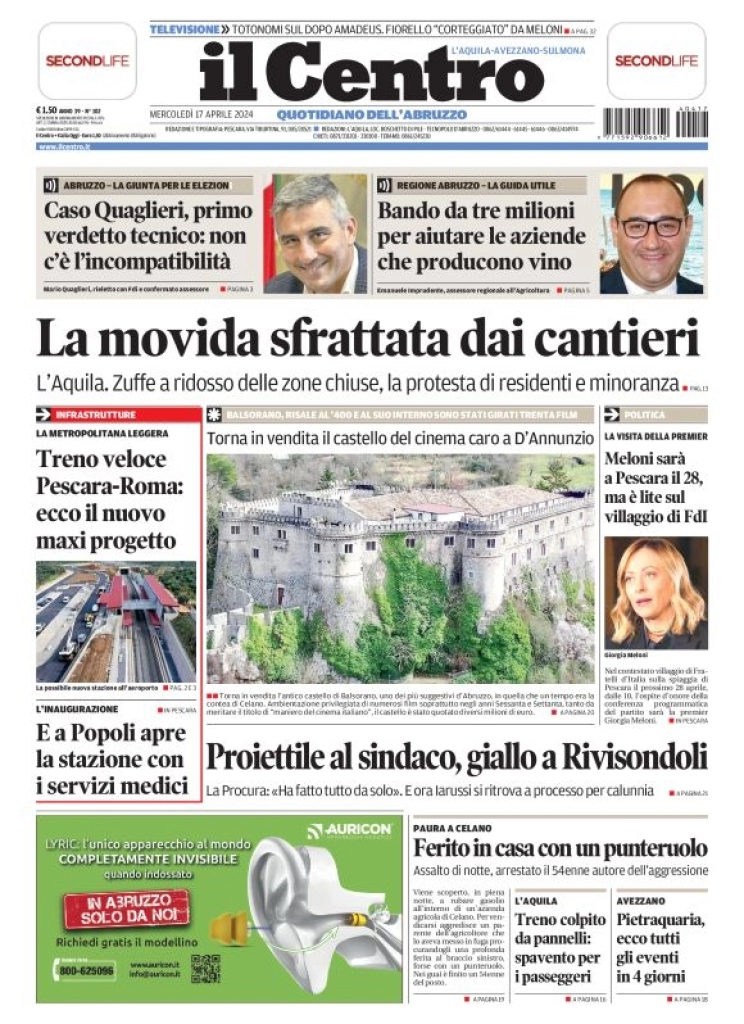 prima pagina - Il Centro (L'Aquila) del 17/04/2024