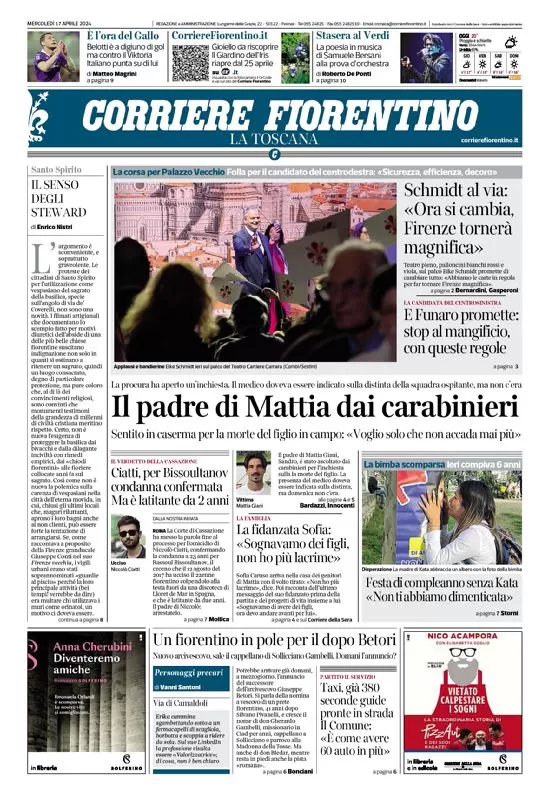 anteprima della prima pagina di corriere-fiorentino del 17/04/2024
