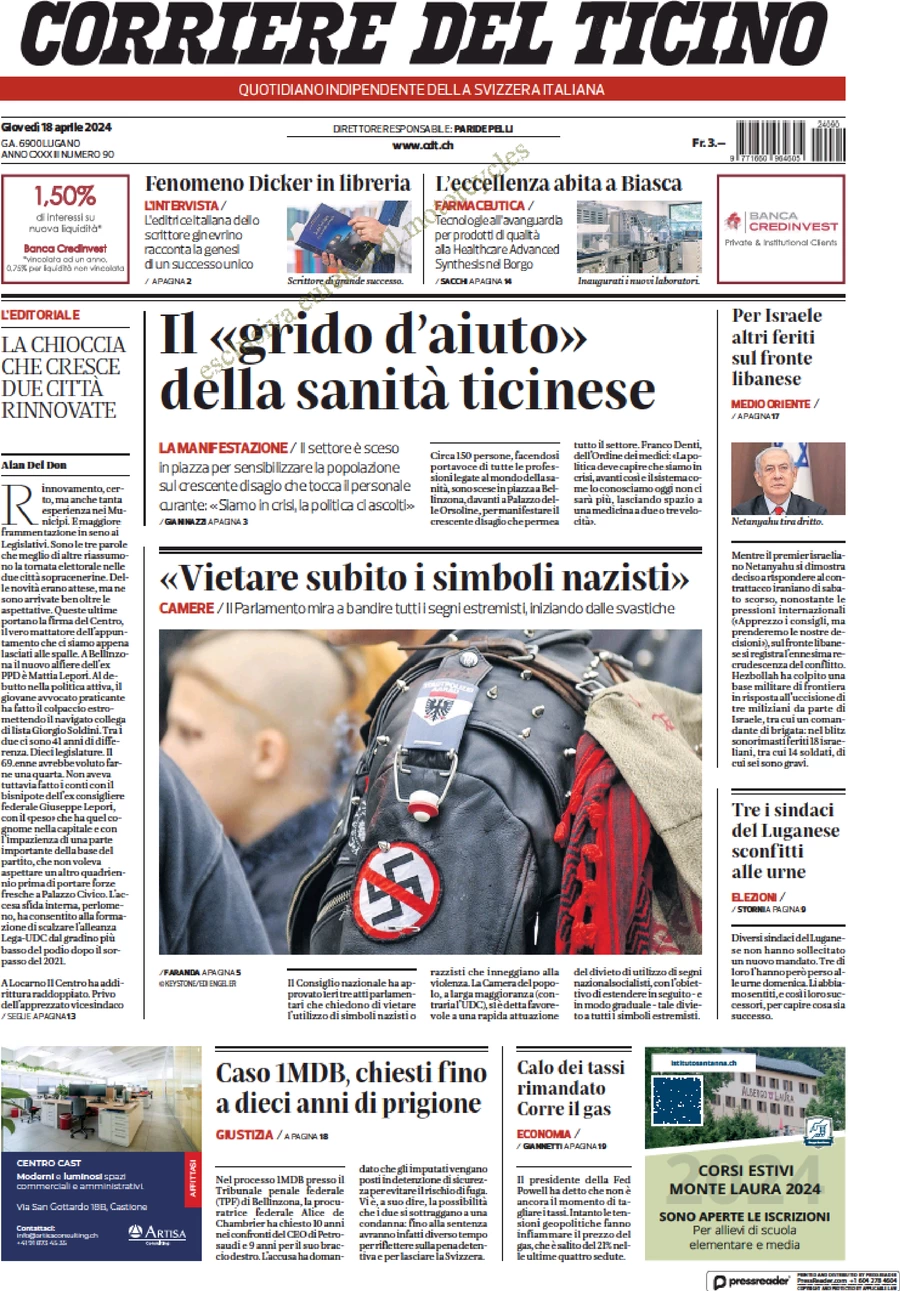 prima pagina - Corriere del Ticino del 18/04/2024