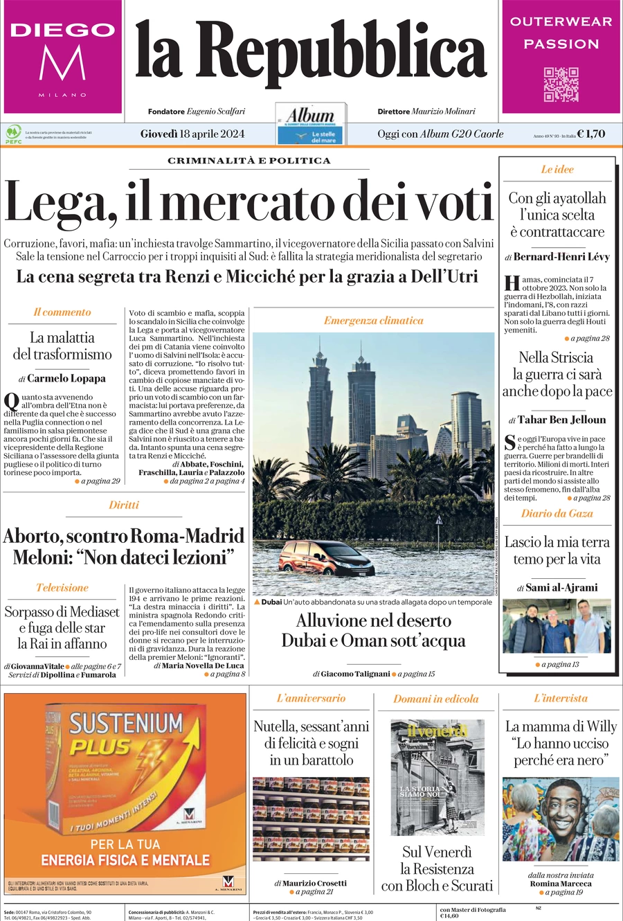 prima pagina - La Repubblica del 18/04/2024