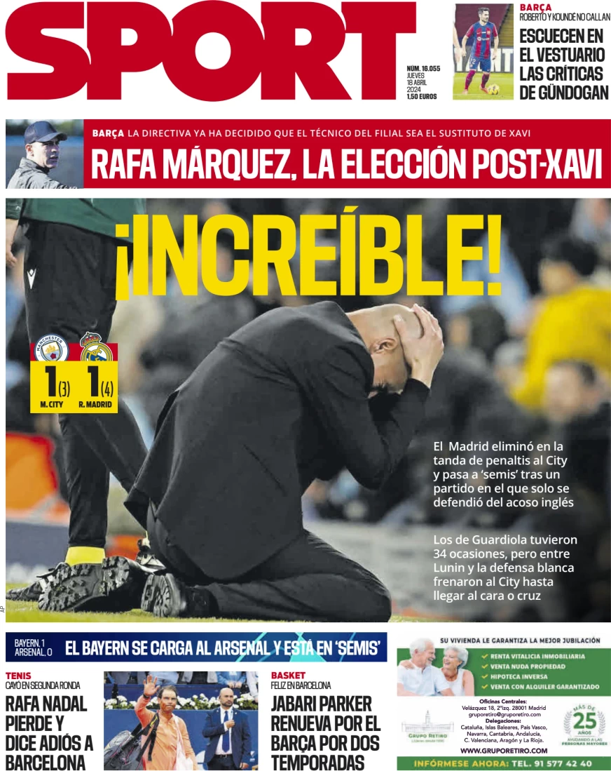 anteprima della prima pagina di sport-barcelona del 18/04/2024