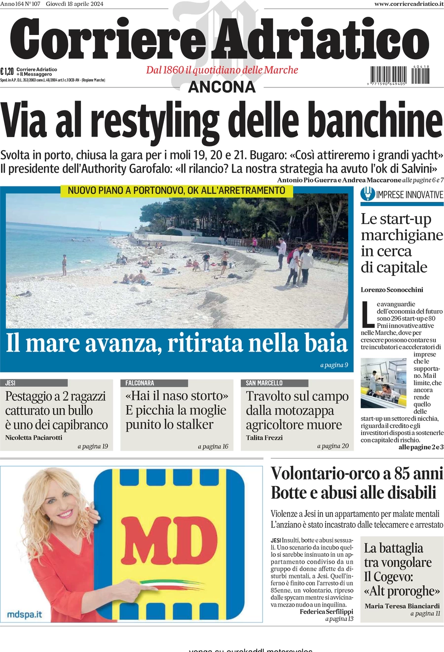 anteprima della prima pagina di corriere-adriatico-ancona del 18/04/2024