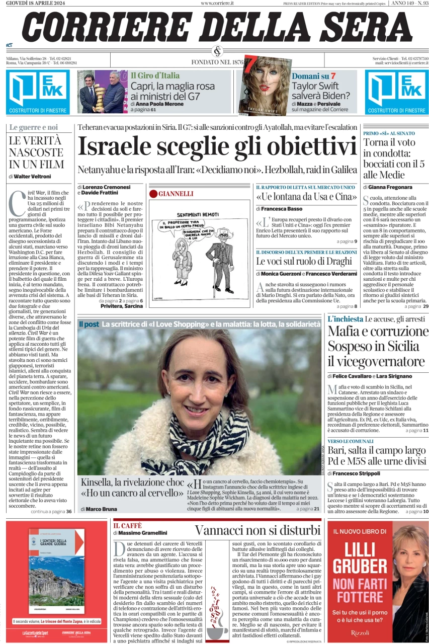 prima pagina - Corriere della Sera del 18/04/2024