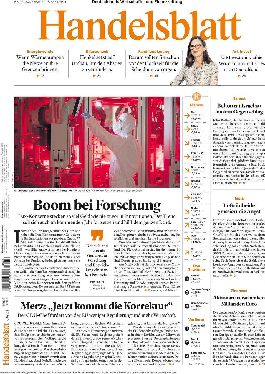anteprima della prima pagina di handelsblatt del 18/04/2024