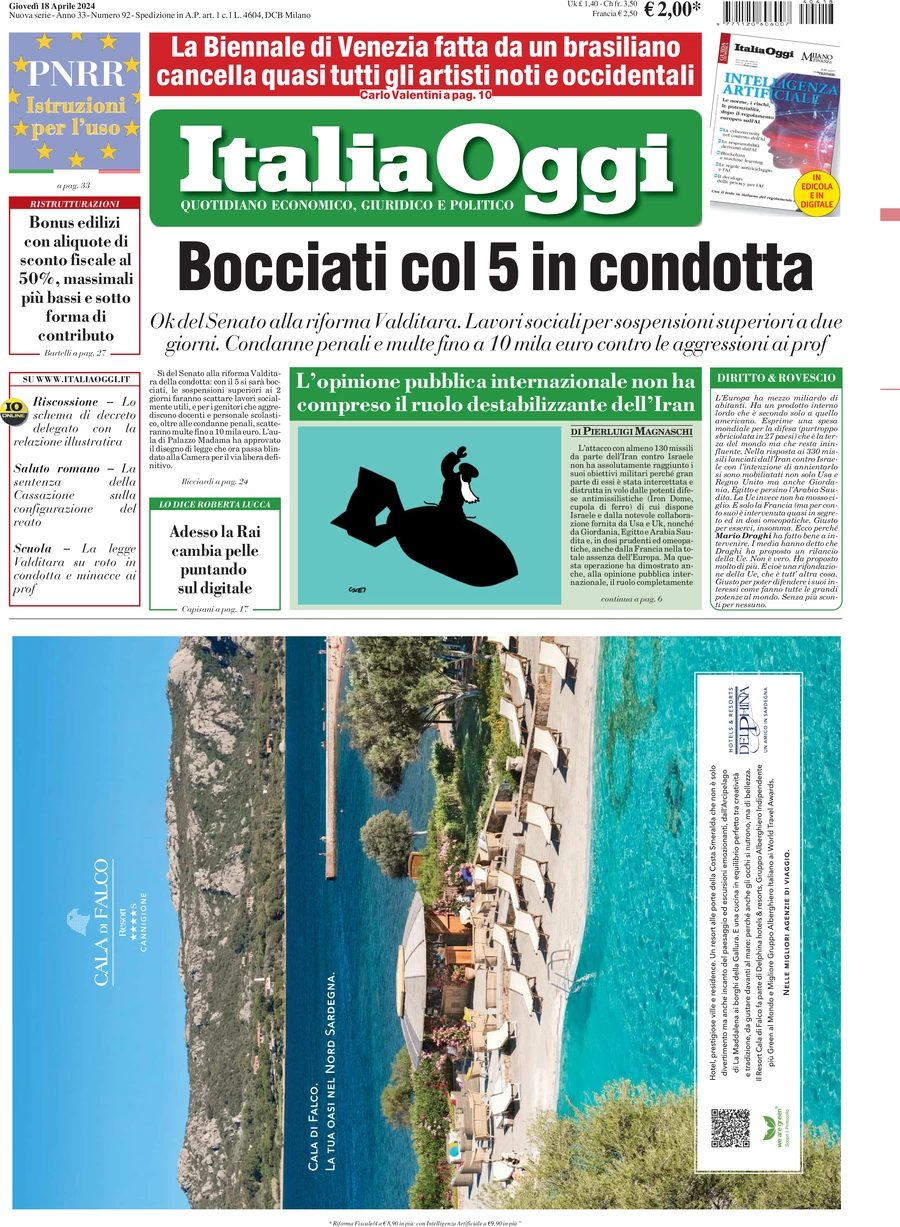 prima pagina - ItaliaOggi del 18/04/2024