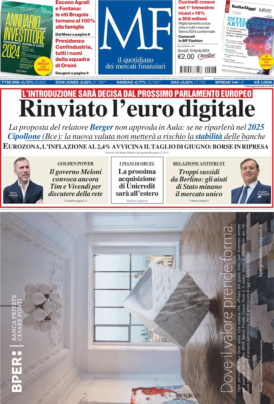 prima pagina - MF Milano Finanza del 18/04/2024