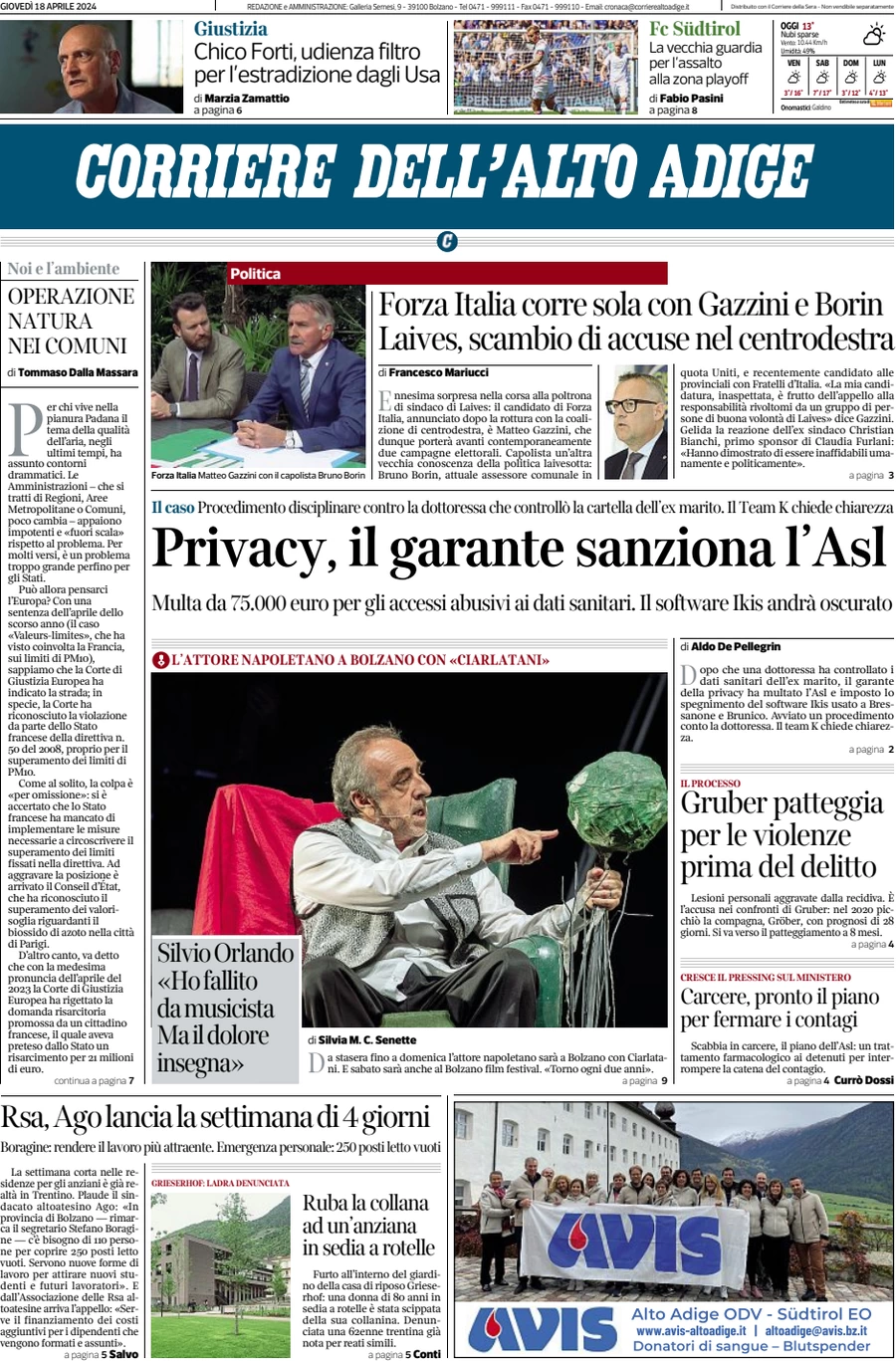 anteprima della prima pagina di corriere-dellalto-adige del 18/04/2024