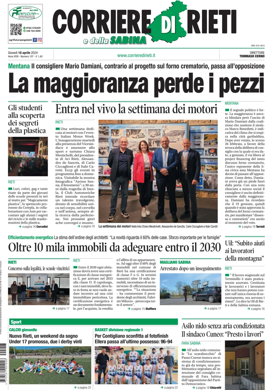 anteprima della prima pagina di corriere-di-rieti-e-della-sabina del 18/04/2024