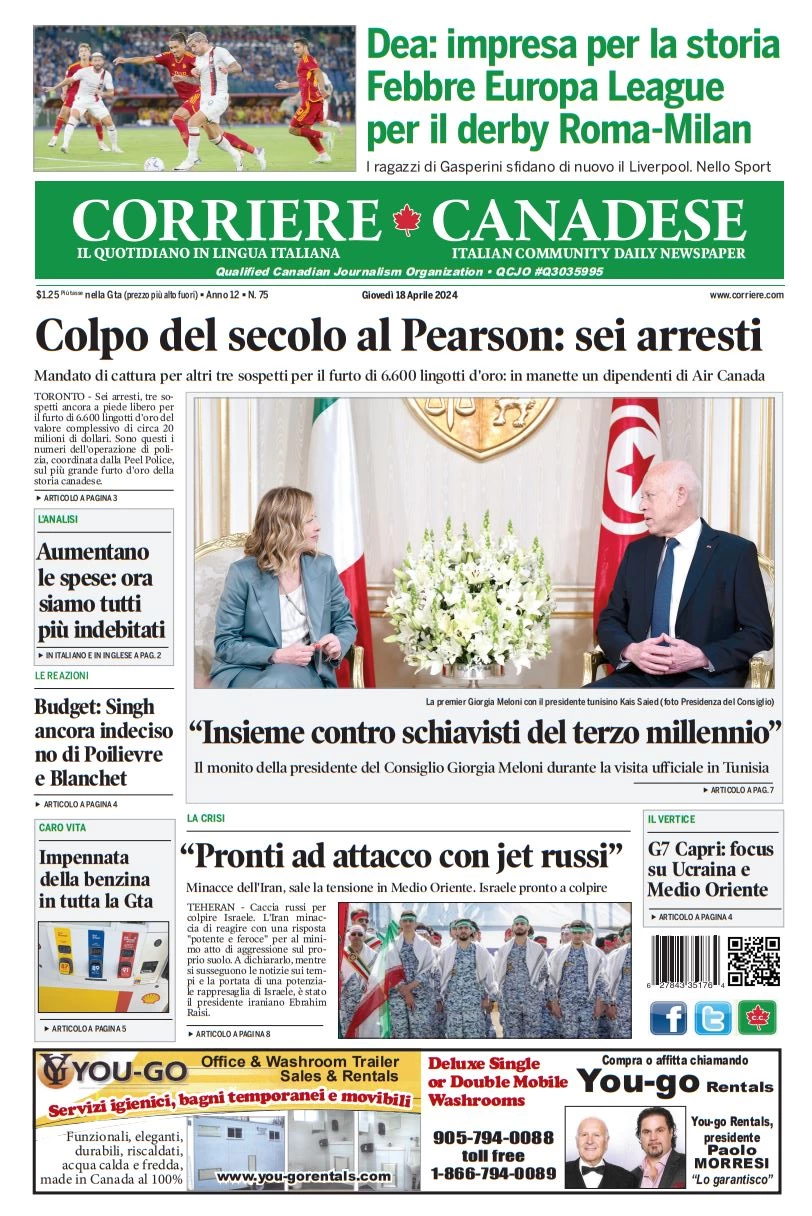 prima pagina - Corriere Canadese del 18/04/2024