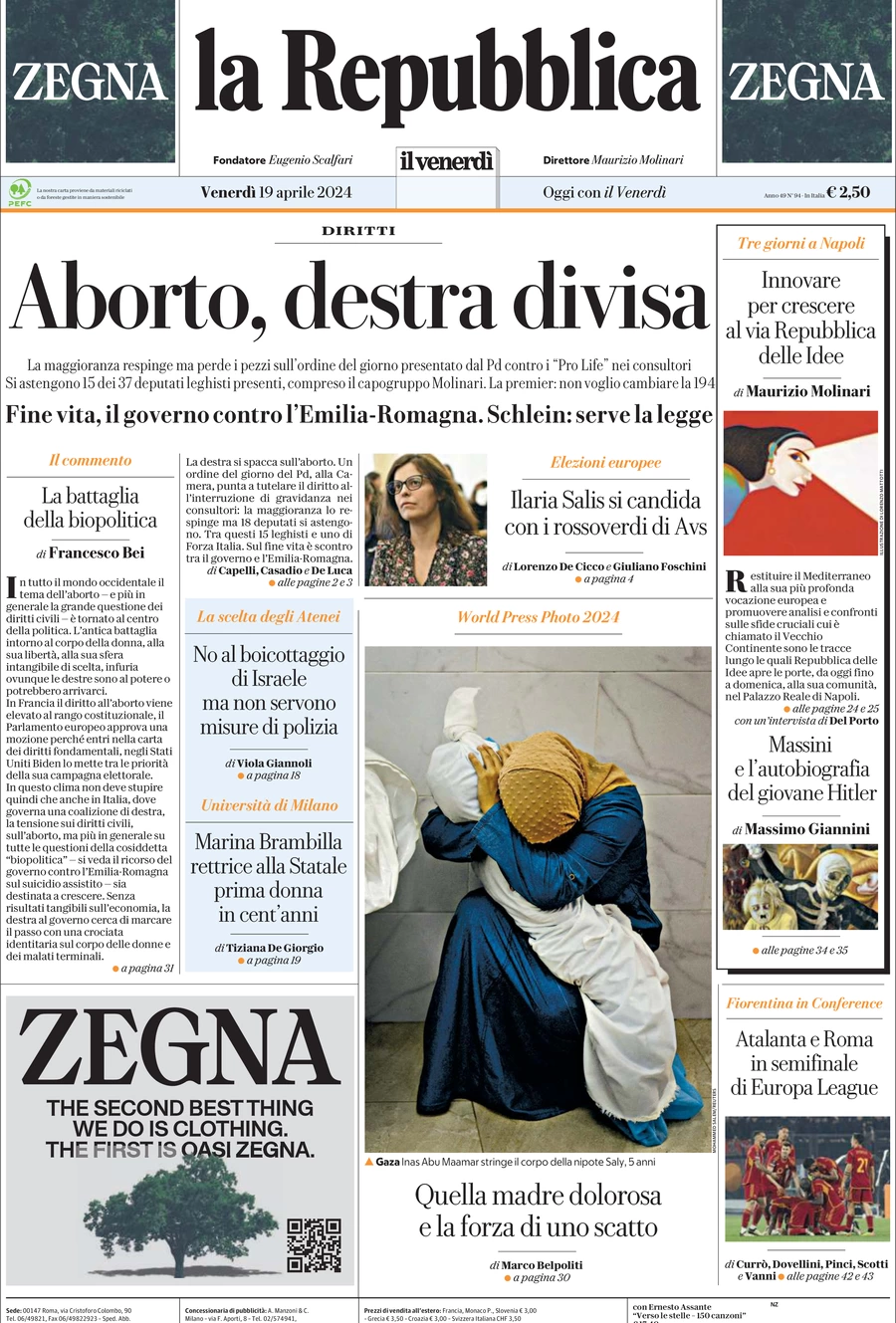 prima pagina - La Repubblica del 19/04/2024