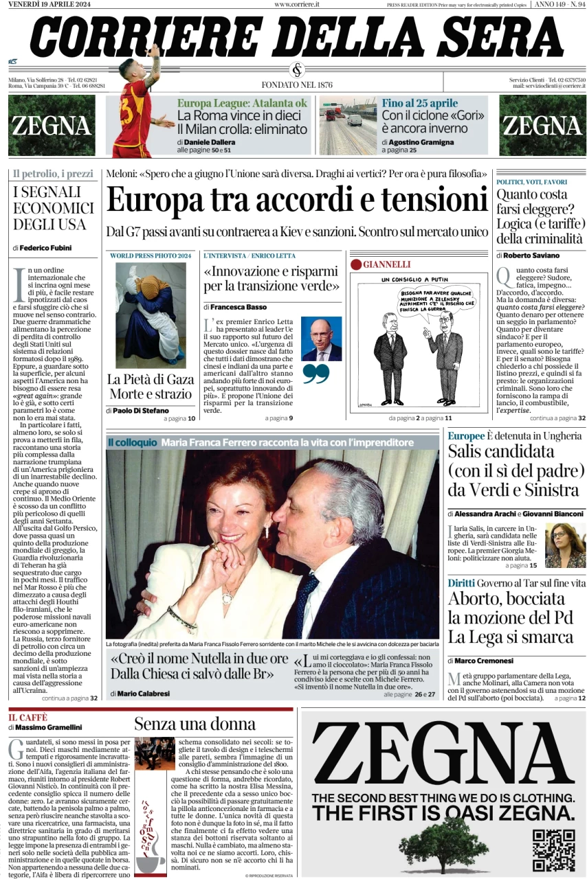 prima pagina - Corriere della Sera del 19/04/2024