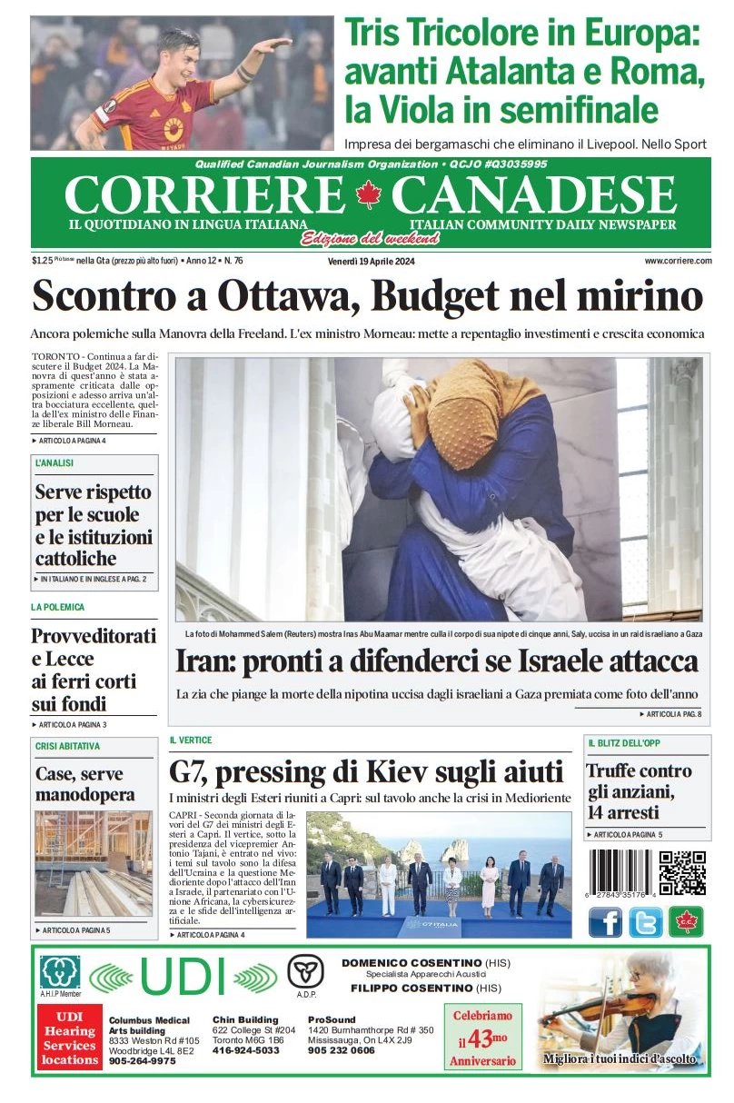 prima pagina - Corriere Canadese del 19/04/2024