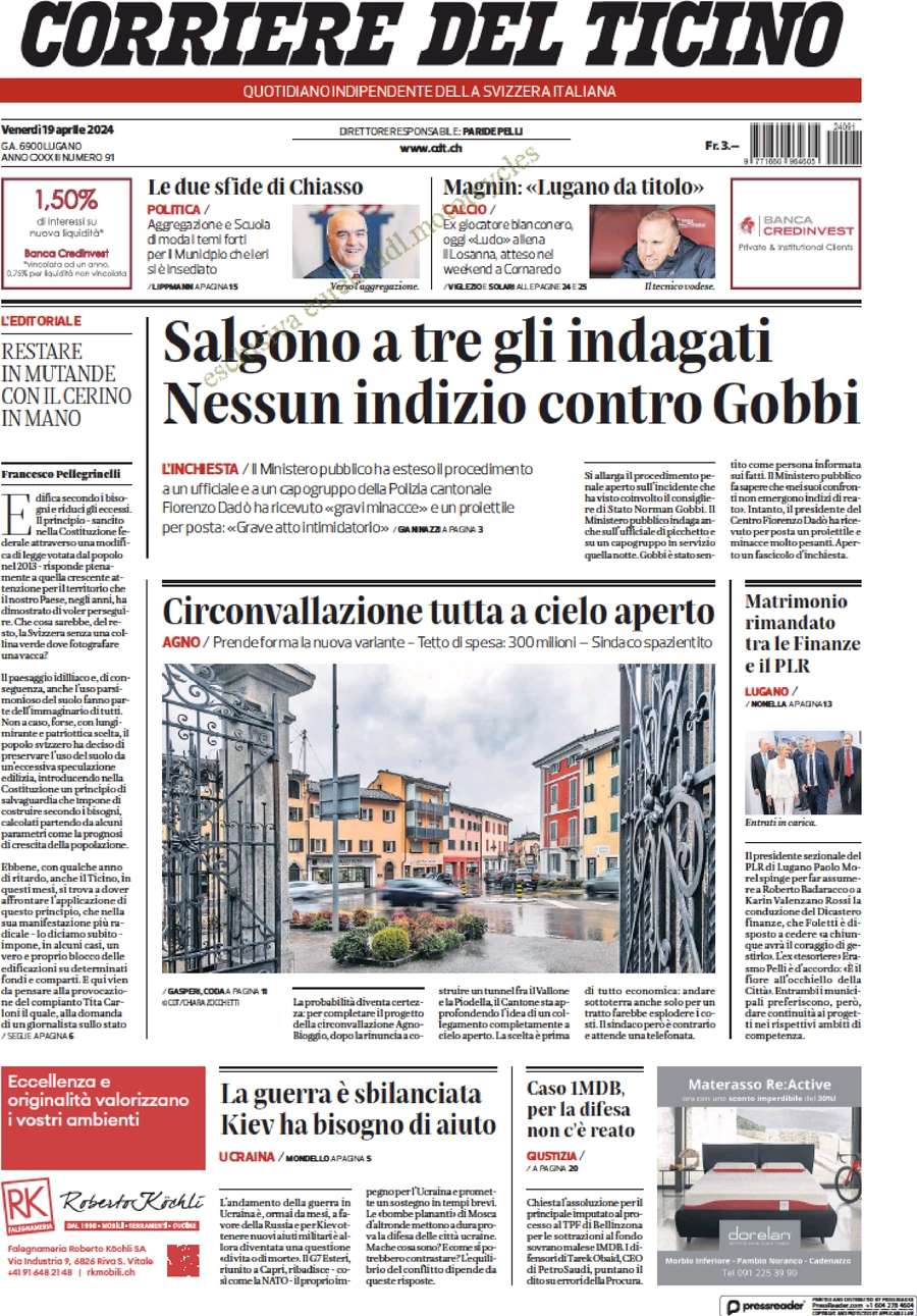 prima pagina - Corriere del Ticino del 19/04/2024
