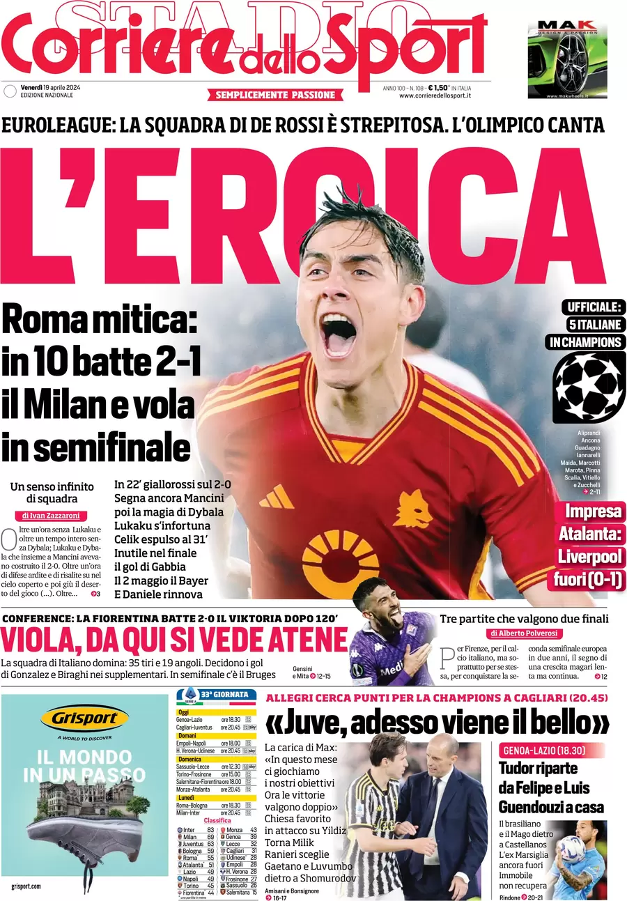 prima pagina - Corriere dello Sport del 19/04/2024
