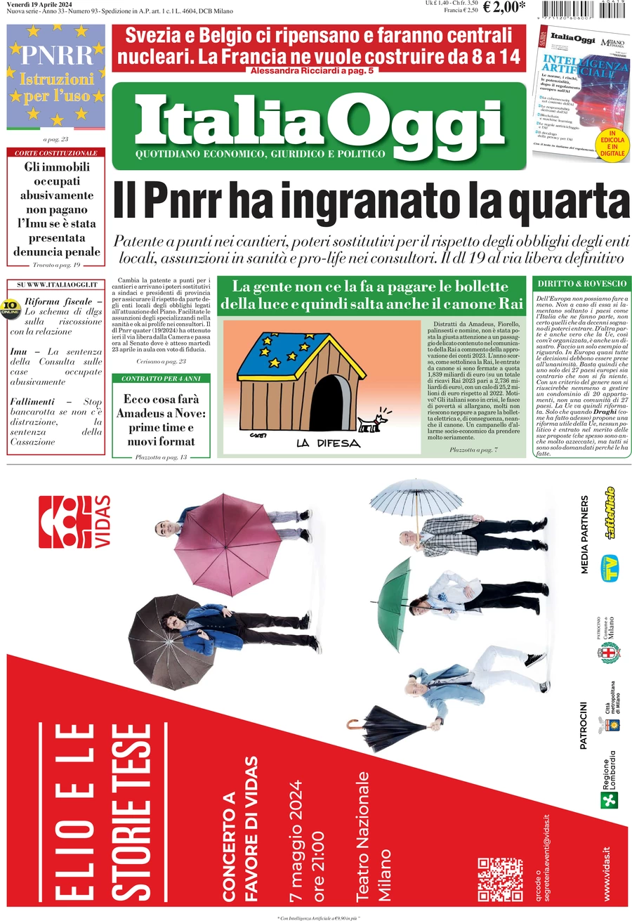 anteprima della prima pagina di italiaoggi del 19/04/2024