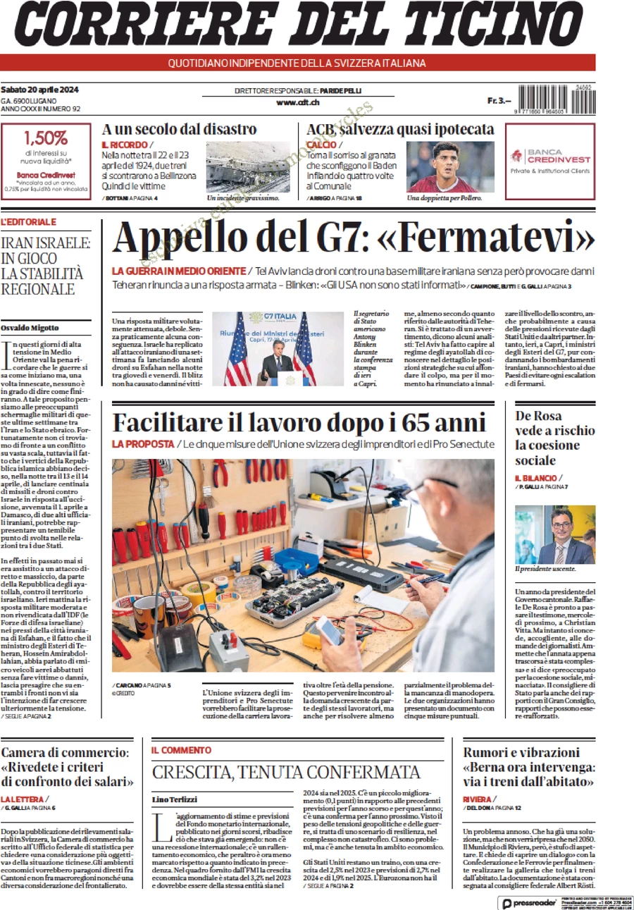 prima pagina - Corriere del Ticino del 20/04/2024