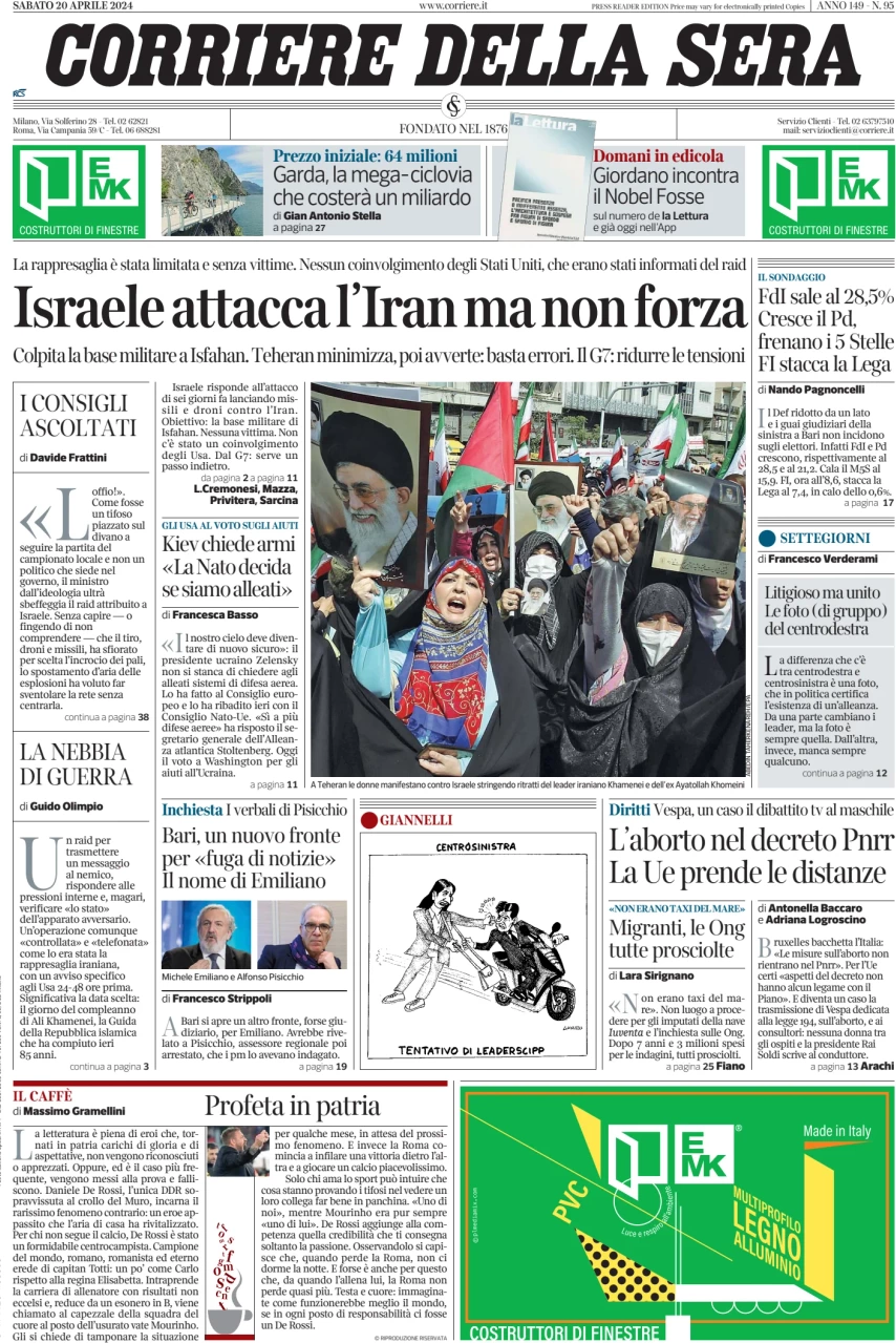 prima pagina - Corriere della Sera del 20/04/2024