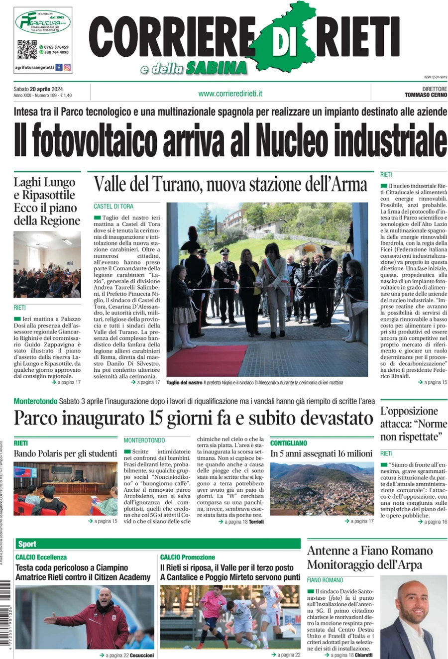 anteprima della prima pagina di corriere-di-rieti-e-della-sabina del 20/04/2024