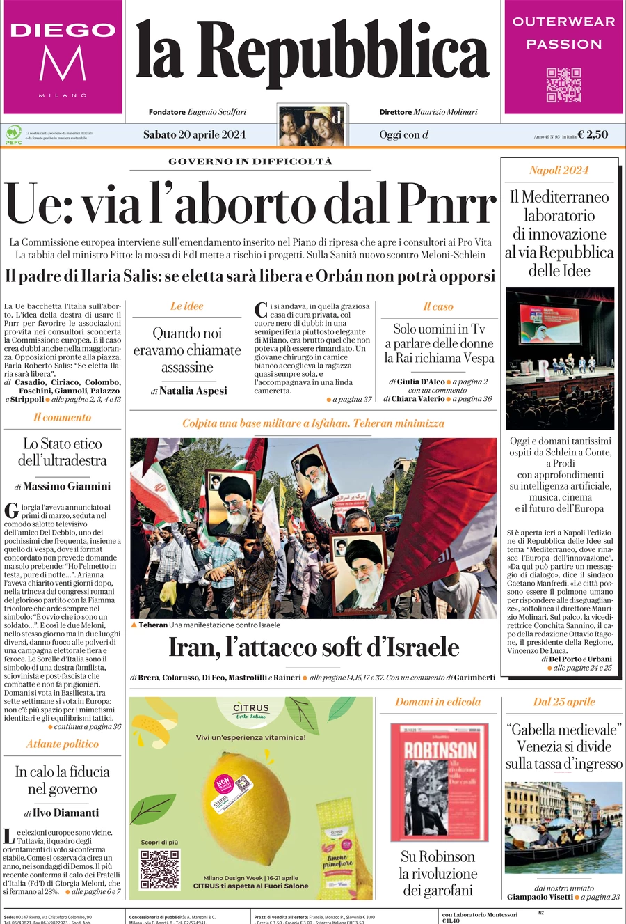 prima pagina - La Repubblica del 20/04/2024