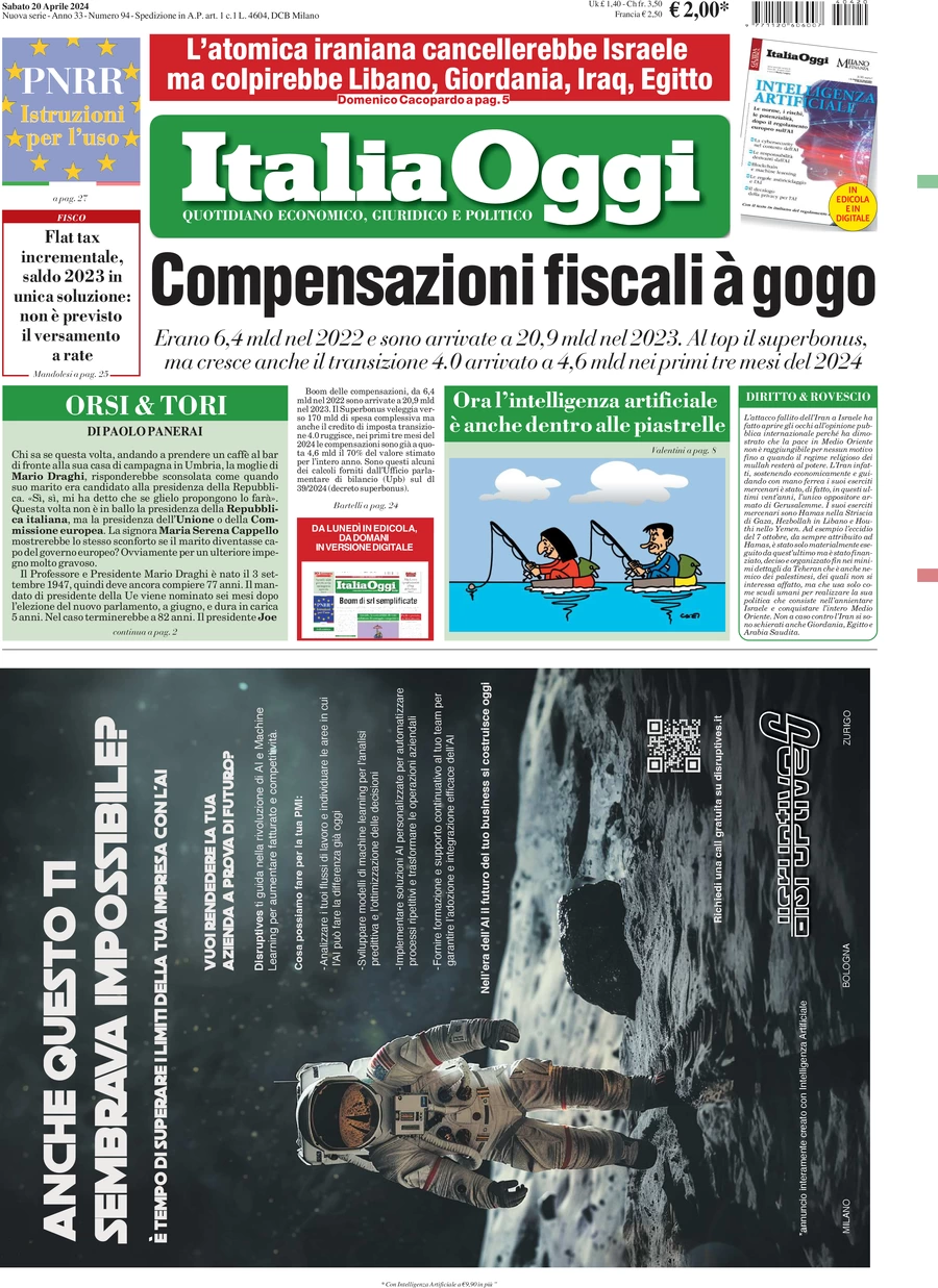 prima pagina - ItaliaOggi del 20/04/2024