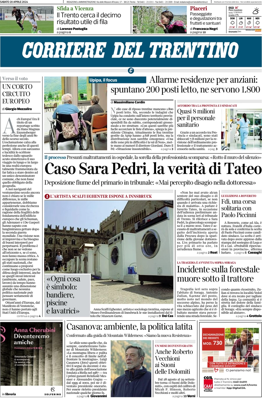 anteprima della prima pagina di corriere-del-trentino del 20/04/2024
