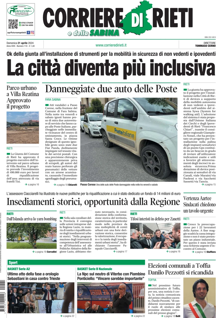 anteprima della prima pagina di corriere-di-rieti-e-della-sabina del 21/04/2024