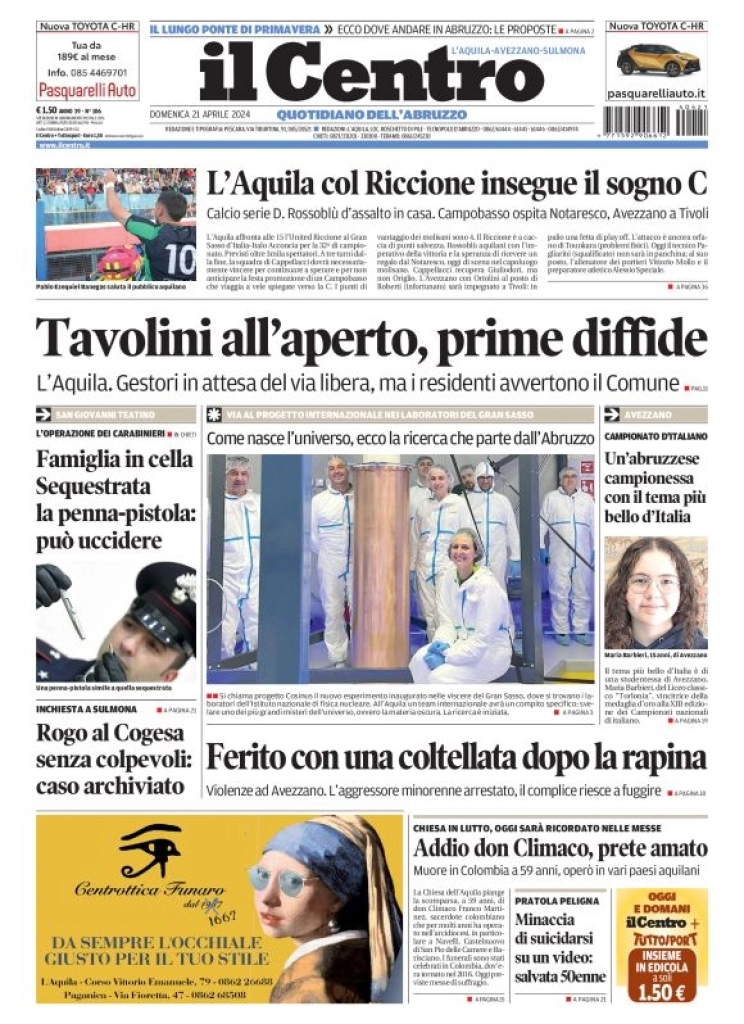 prima pagina - Il Centro (L'Aquila) del 21/04/2024