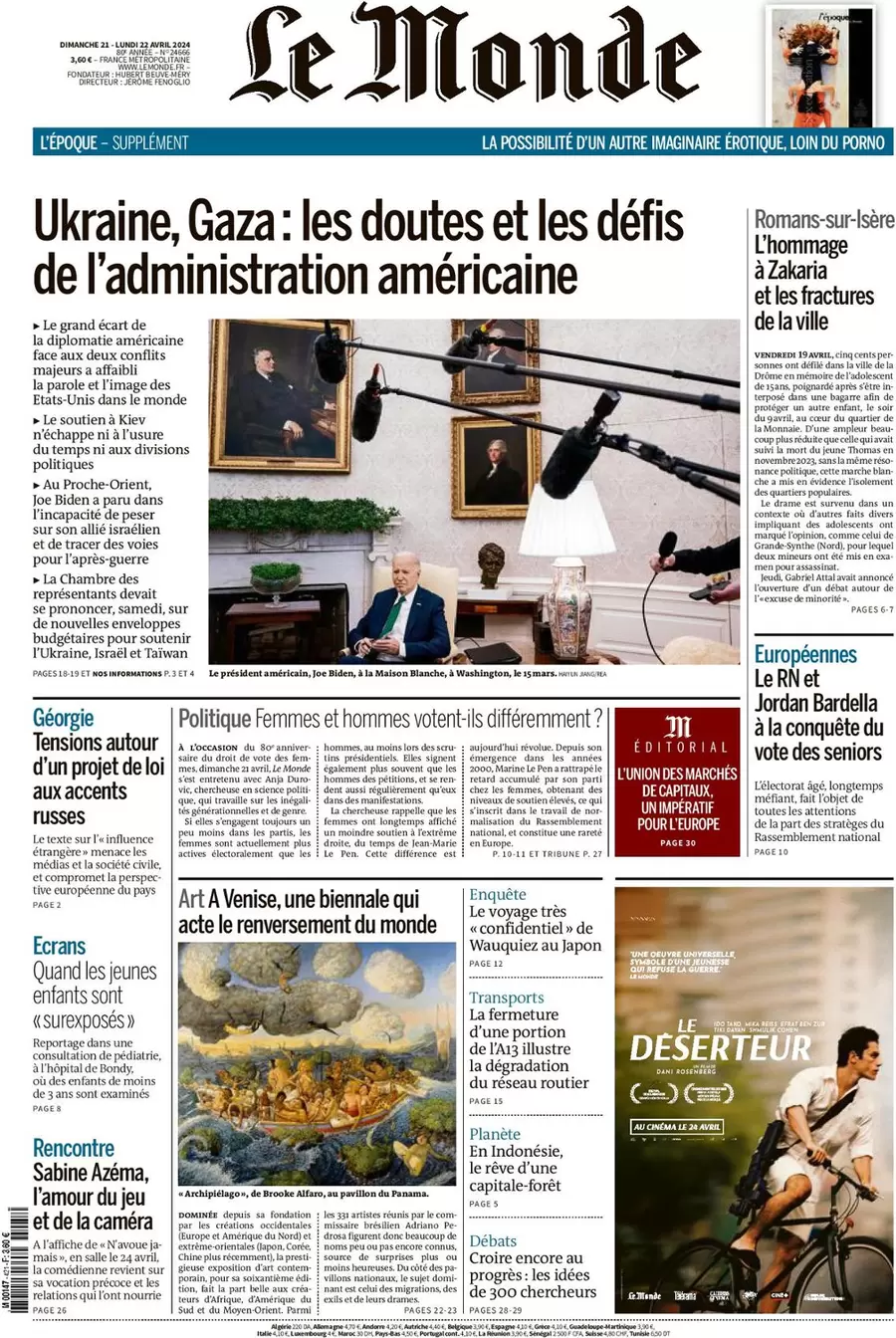prima pagina - Le Monde del 21/04/2024
