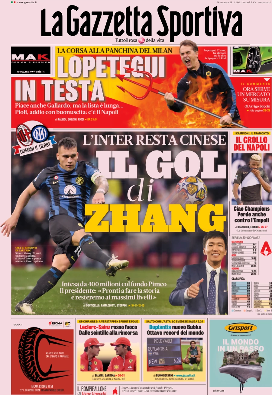 prima pagina - La Gazzetta dello Sport del 21/04/2024