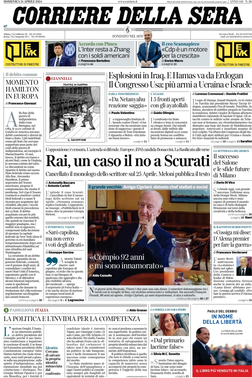 prima pagina - Corriere della Sera del 21/04/2024