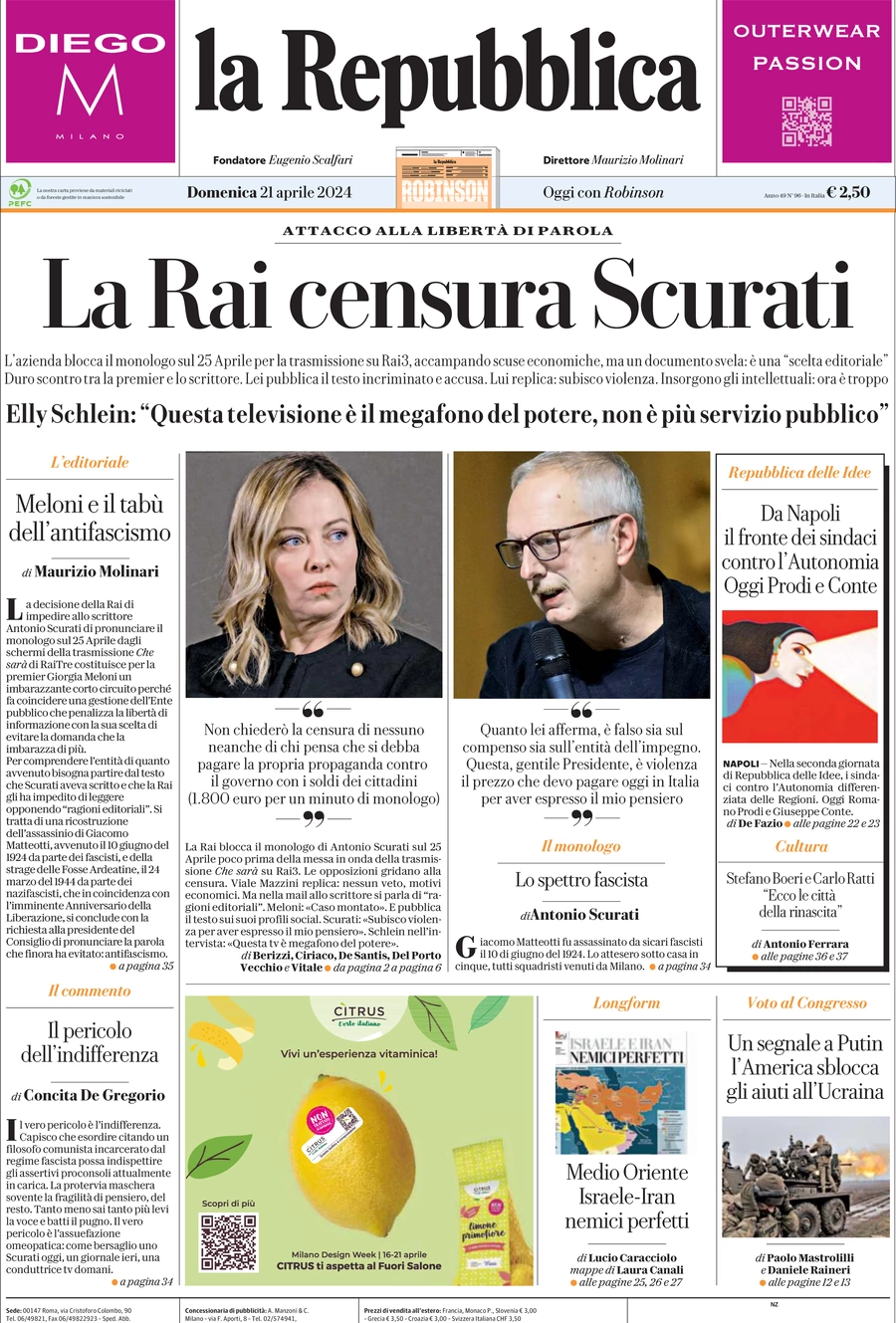 prima pagina - La Repubblica del 21/04/2024